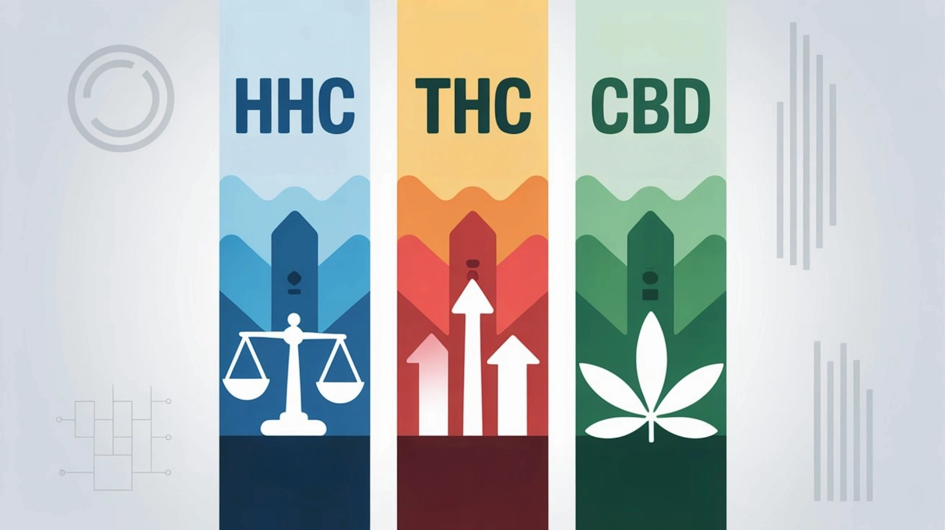 Comparativa visual de los efectos y propiedades del HHC, THC y CBD