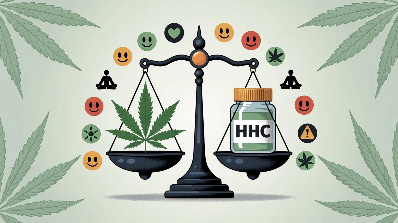 Ilustración de los efectos y riesgos del HHC representados en una balanza