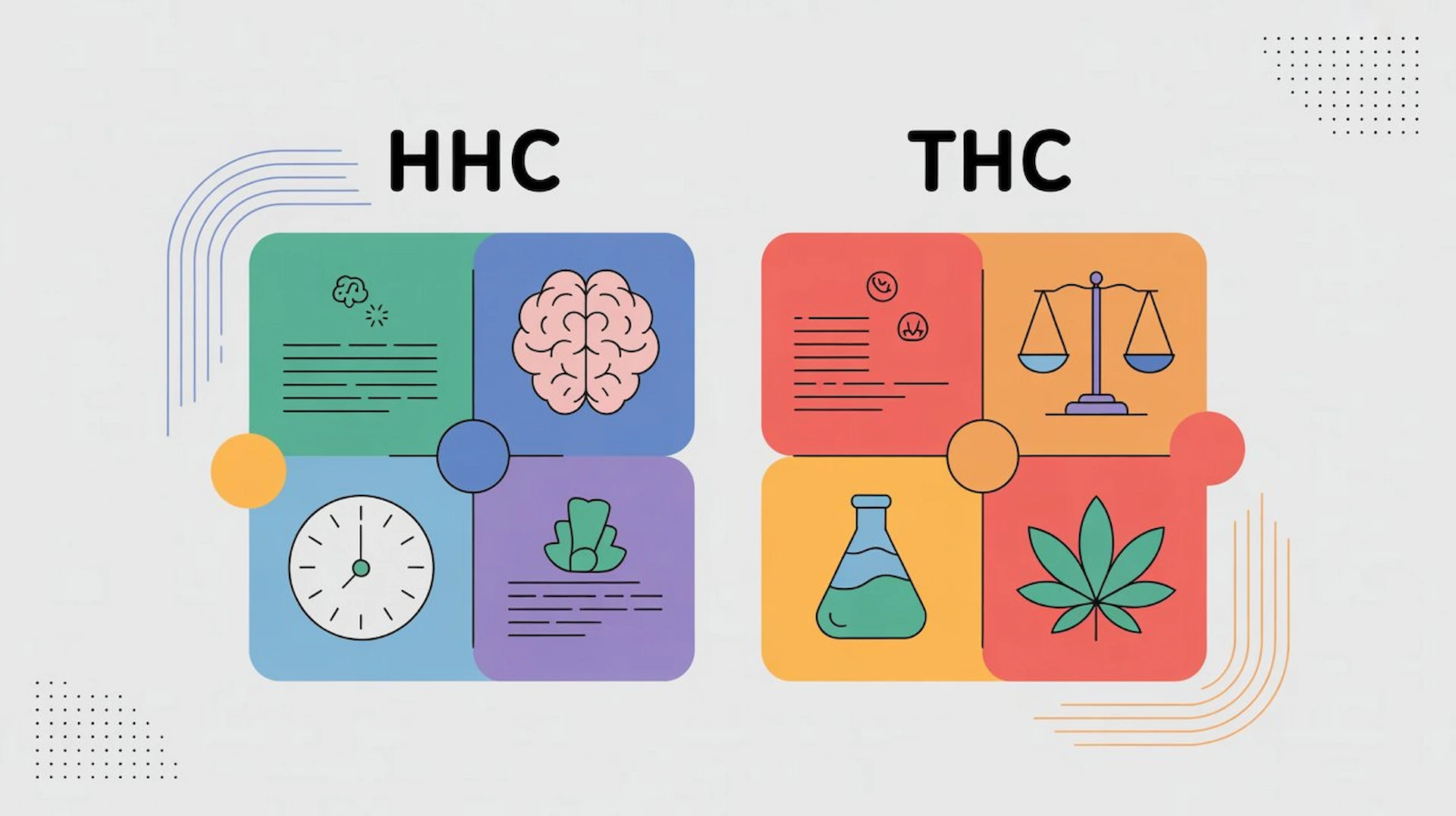 Comparación visual entre HHC y THC mostrando sus principales diferencias en efectos y legalidad