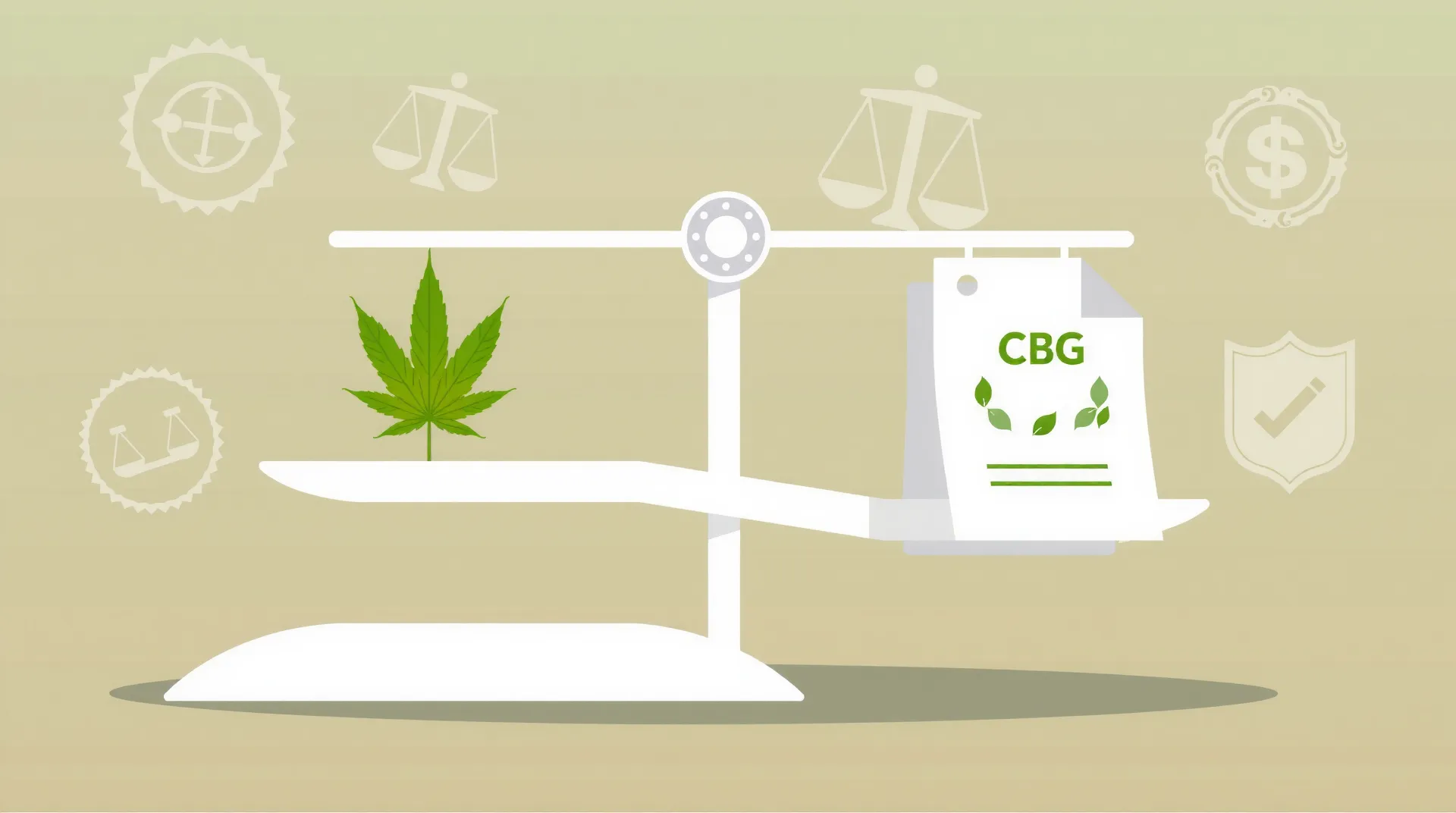 Ilustración sobre la legalidad del cannabinoide CBG con símbolos legales y una hoja de cannabis
