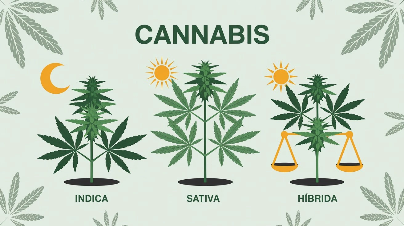 Infografía que compara los tipos de marihuana: Índica, Sativa e Híbrida, con sus propiedades principales